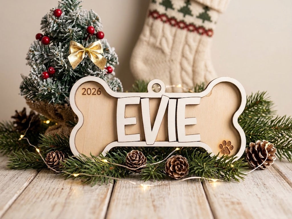 Personalized Dog Bone Christmas Ornament | Laser Engraved Pet Name