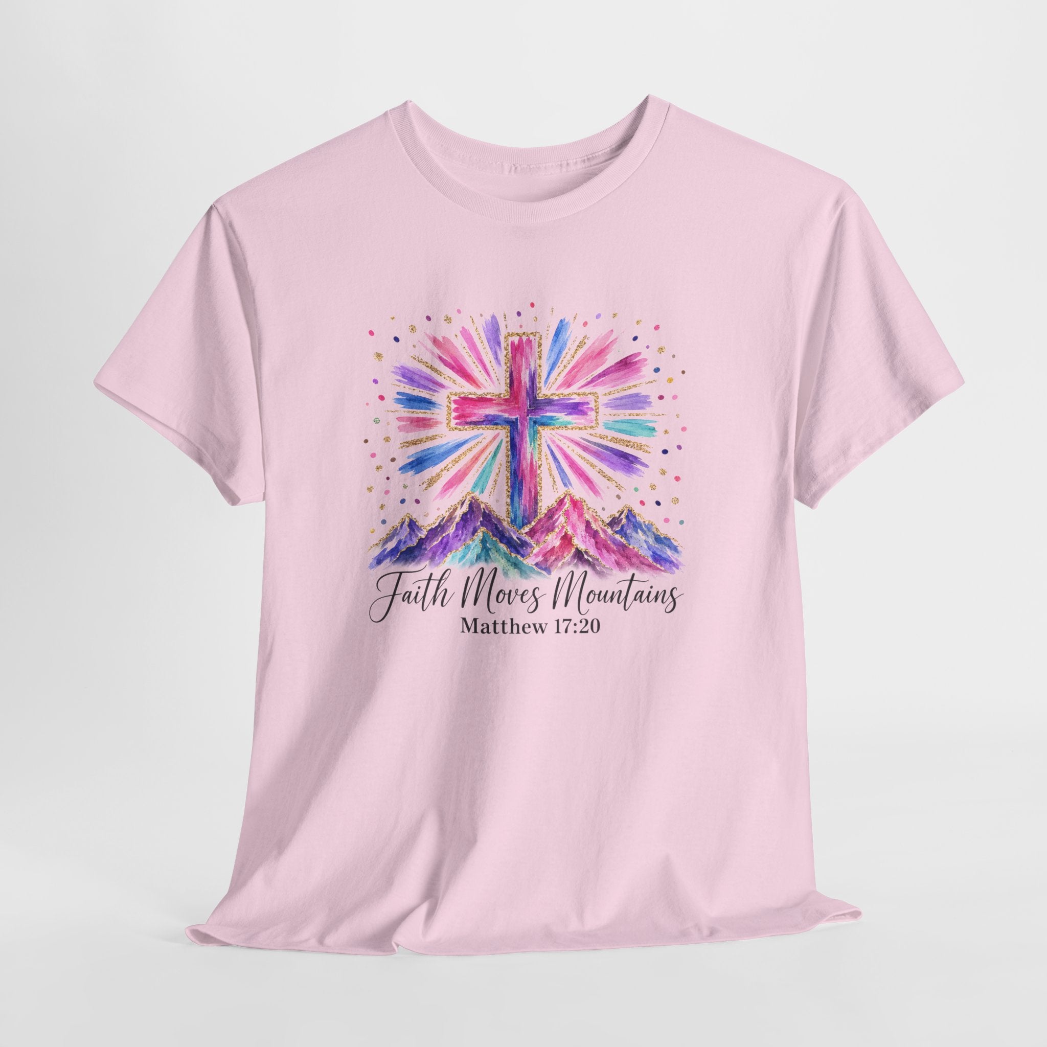 Faith Moves Mountains Shirt | Colorful Cross & Mountains Bible Verse Tee | Christian Gift for Women