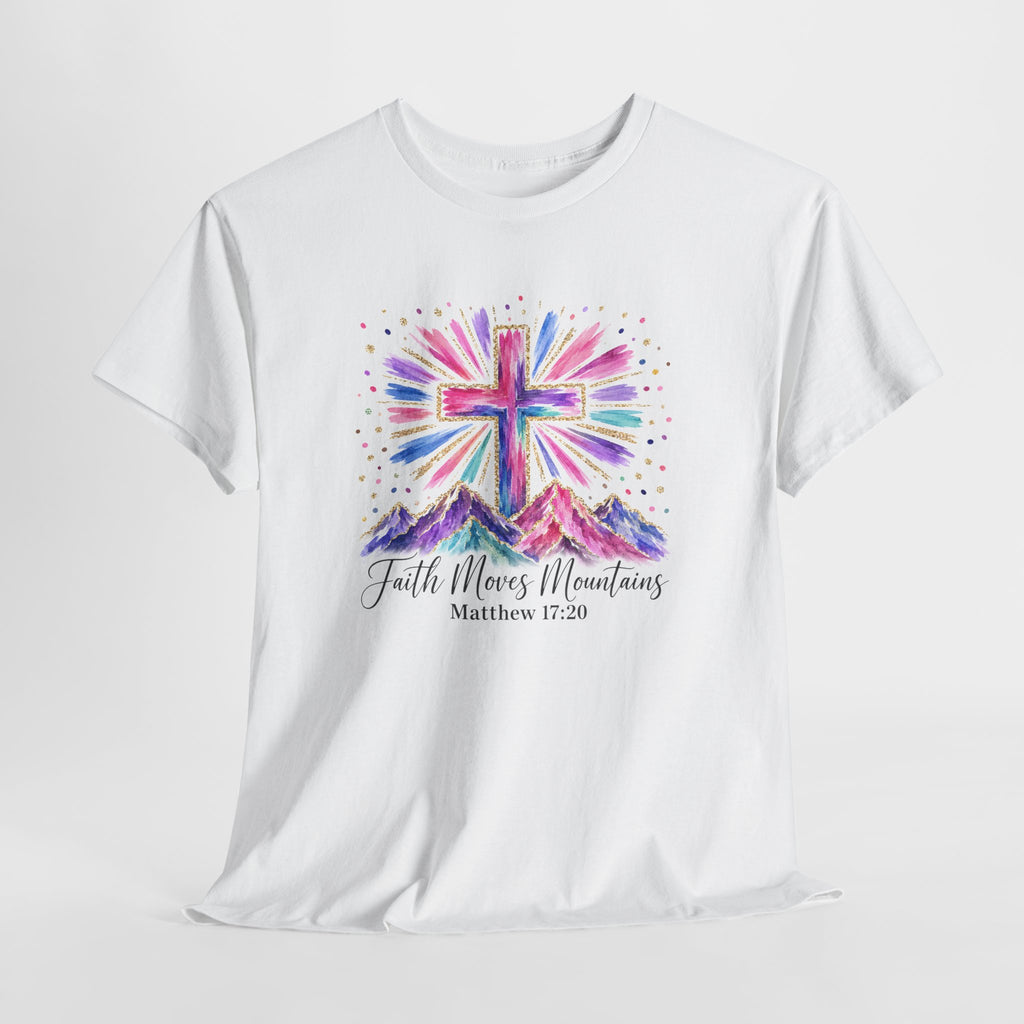 Faith Moves Mountains Shirt | Colorful Cross & Mountains Bible Verse Tee | Christian Gift for Women