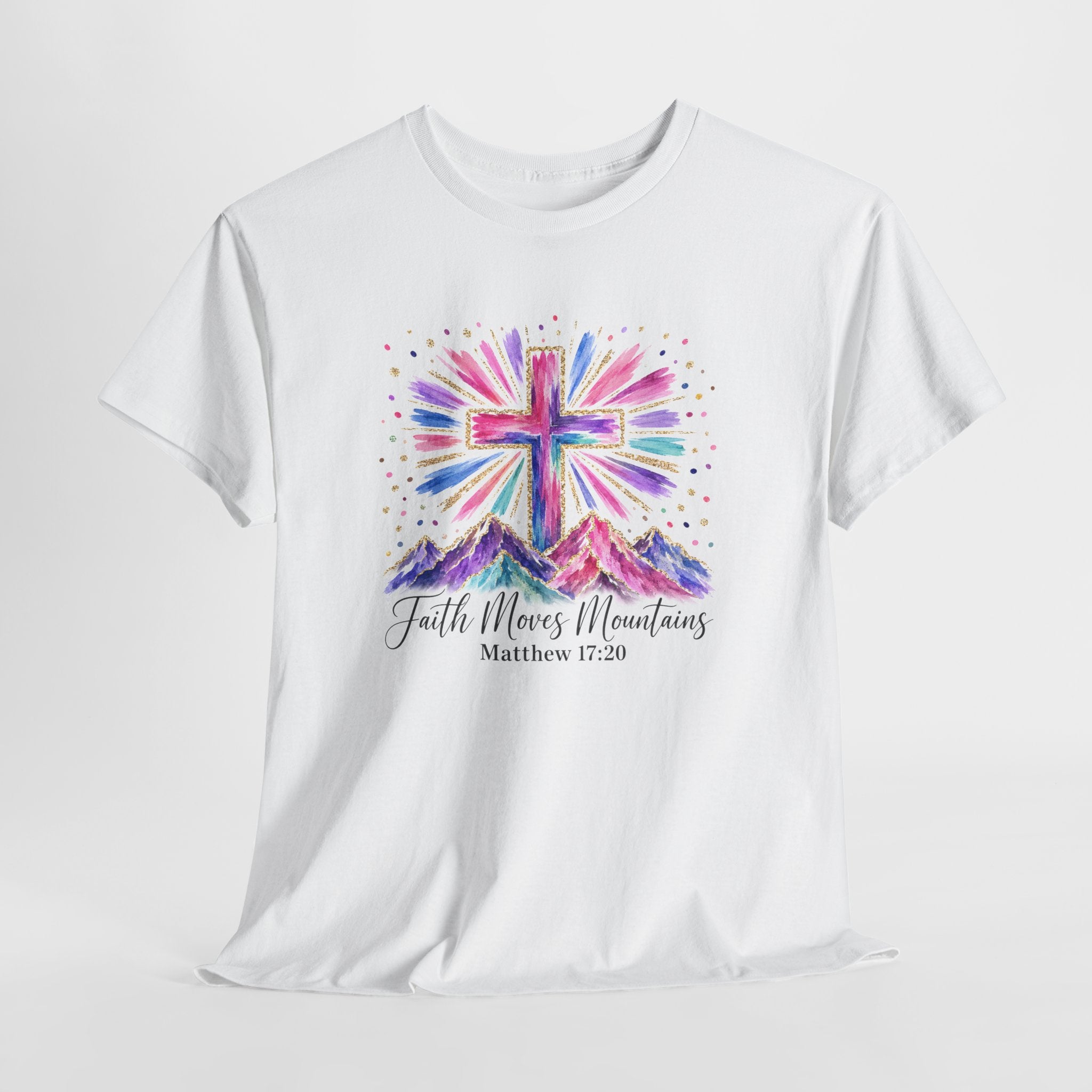 Faith Moves Mountains Shirt | Colorful Cross & Mountains Bible Verse Tee | Christian Gift for Women
