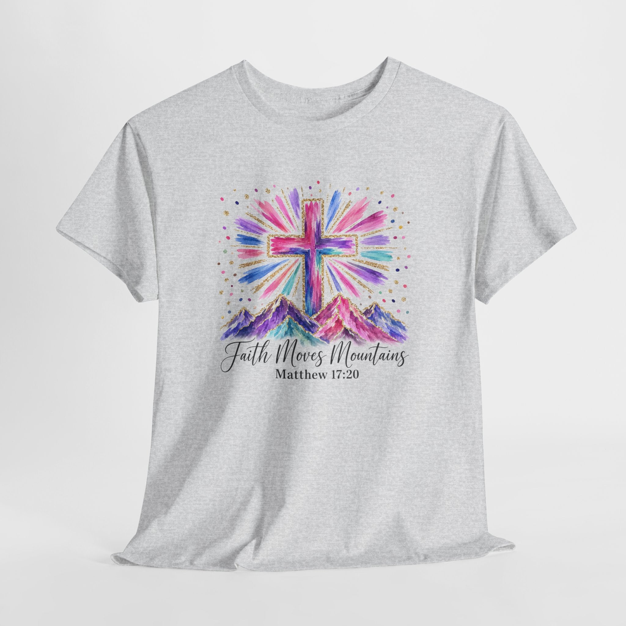 Faith Moves Mountains Shirt | Colorful Cross & Mountains Bible Verse Tee | Christian Gift for Women