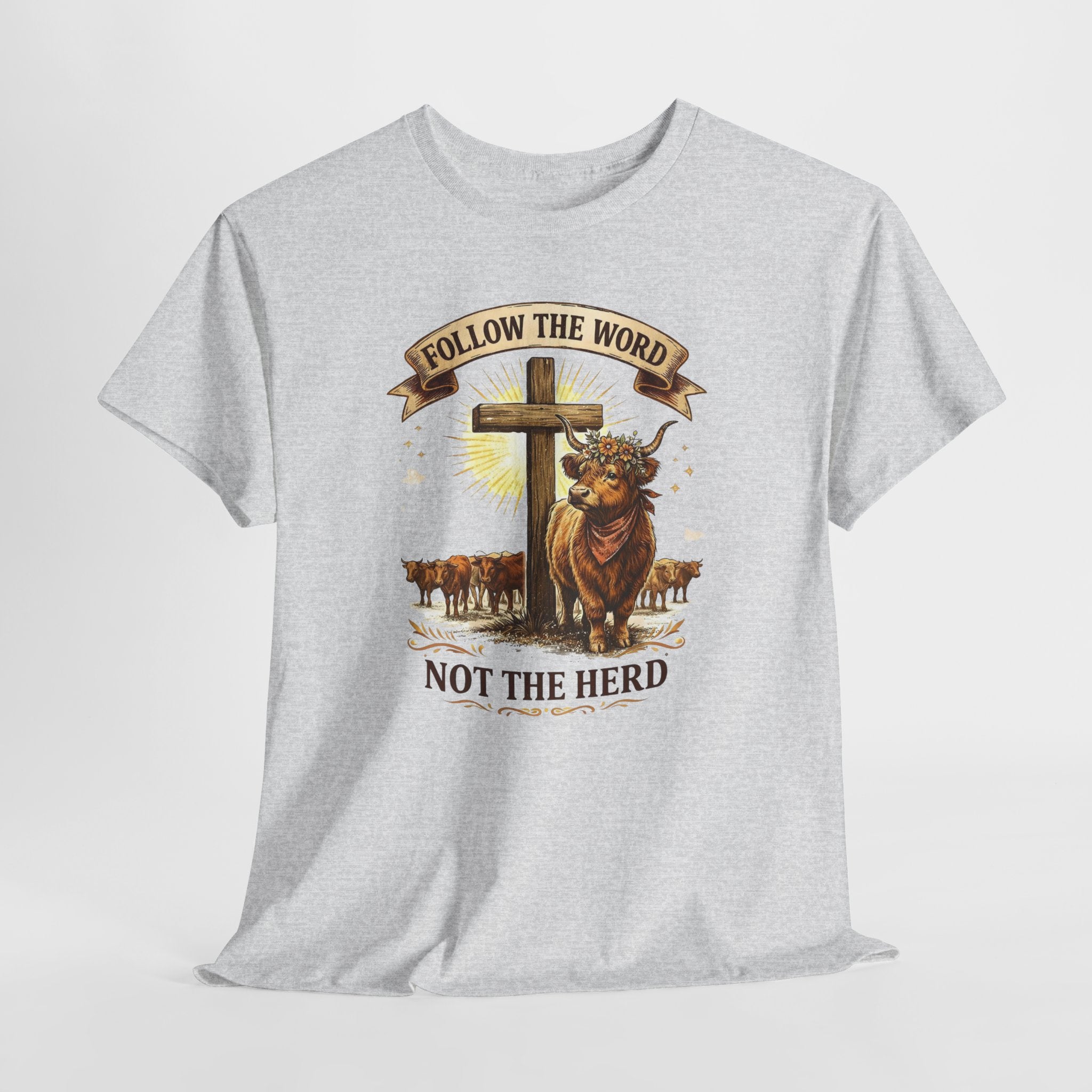 Christian Highland Cow Shirt – "Follow The Word Not The Herd" Religious Faith Graphic Tee