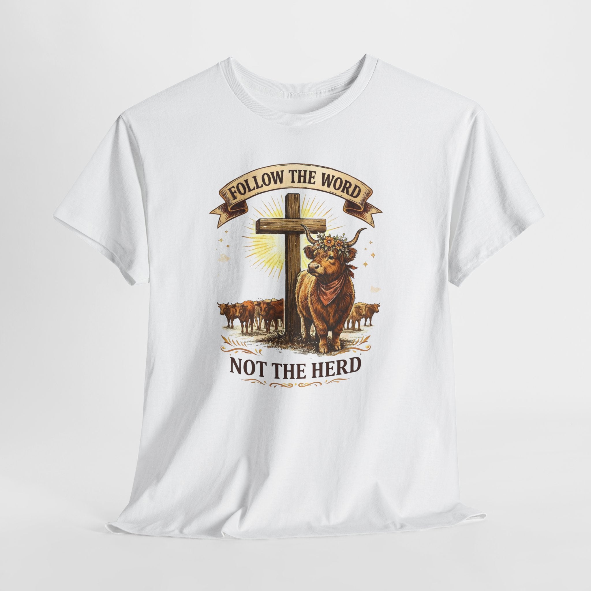 Christian Highland Cow Shirt – "Follow The Word Not The Herd" Religious Faith Graphic Tee