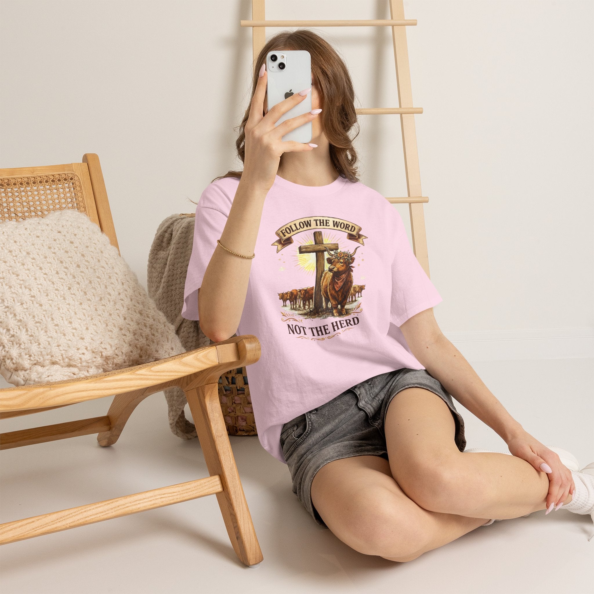 Christian Highland Cow Shirt – "Follow The Word Not The Herd" Religious Faith Graphic Tee
