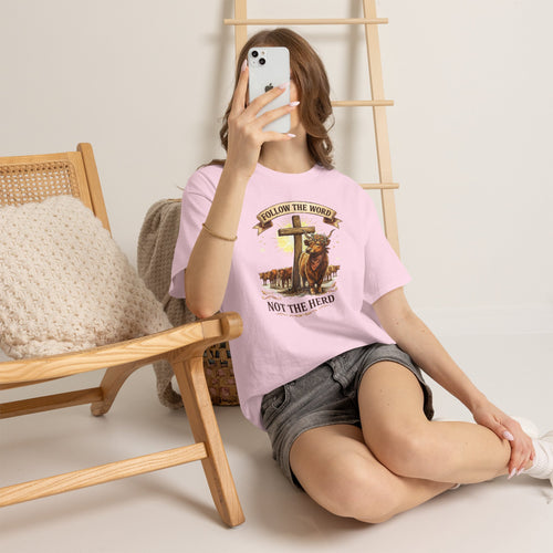 Christian Highland Cow Shirt – "Follow The Word Not The Herd" Religious Faith Graphic Tee