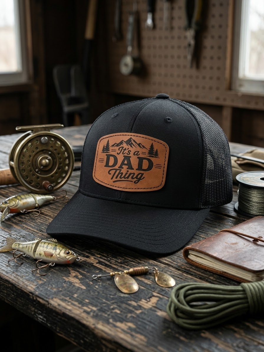 It's a Dad Thing" Leather Patch Trucker Hat – Adjustable Mesh Back Outdoor Cap, Birthday & Father's Day Gift for Dad, Black