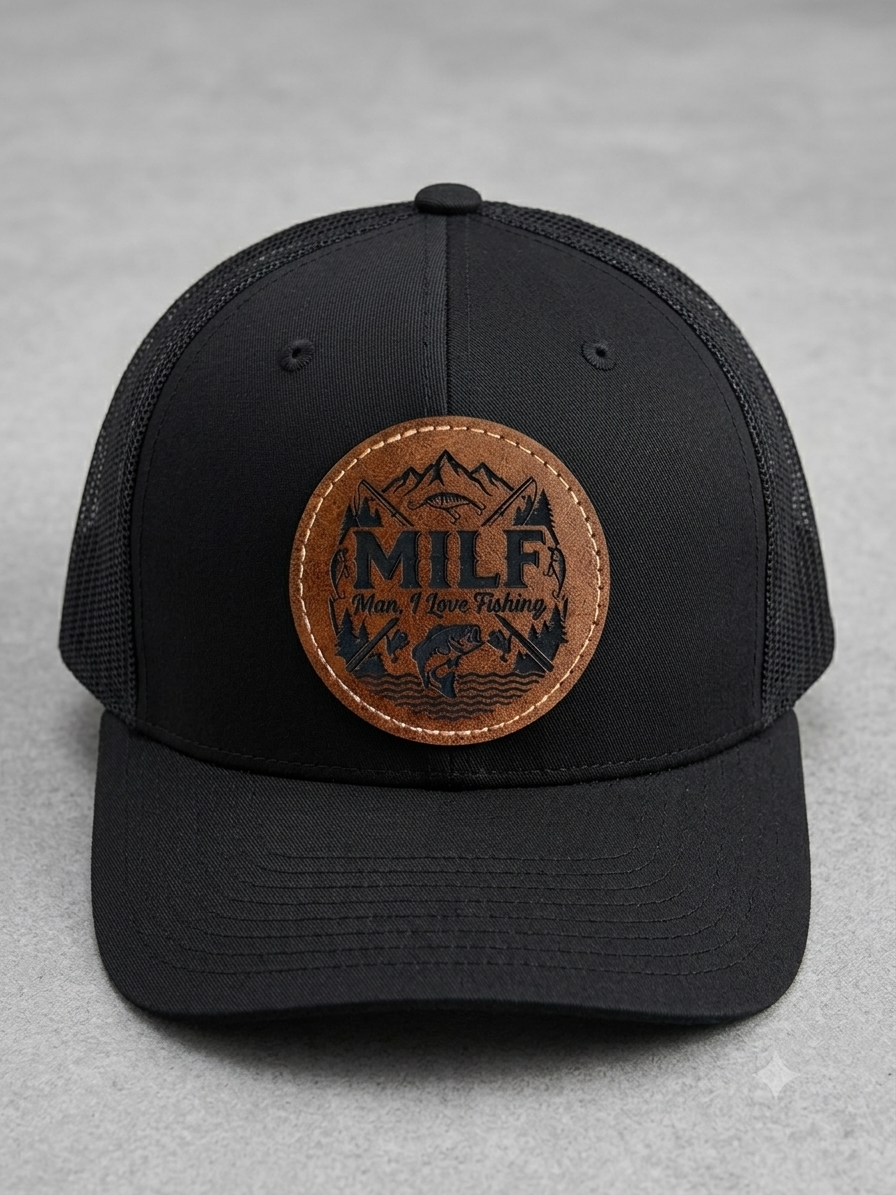 Funny MILF Fishing Leather Patch Trucker Hat - Man I Love Fishing Dad Gift, Black Mesh Snapback Cap
