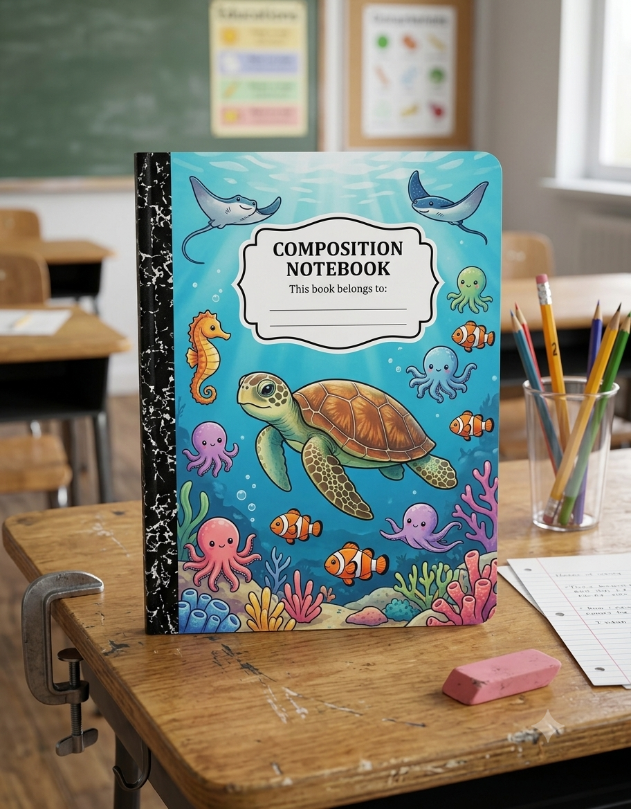 Cute Sea Turtle & Ocean Animals Composition Notebook: Wide Ruled Aesthetic Journal for Kids & School, Kawaii Under the Sea Cover