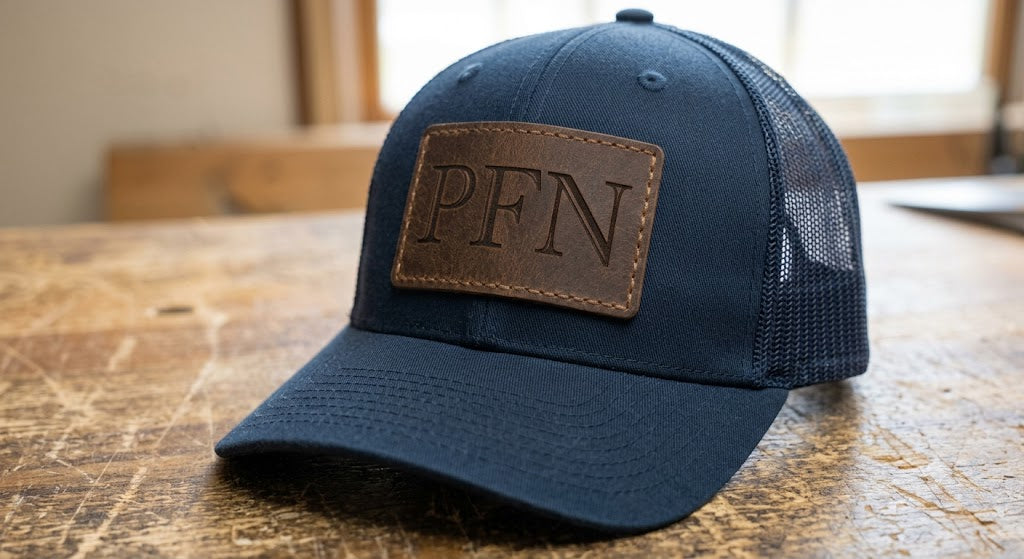 Navy PFN Leather Patch Trucker Hat