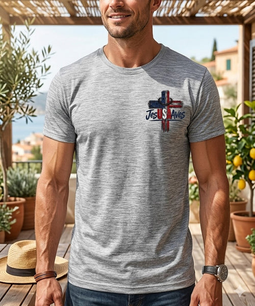 Men's "Jesus USA Saves" Patriotic Christian Cross T-Shirt